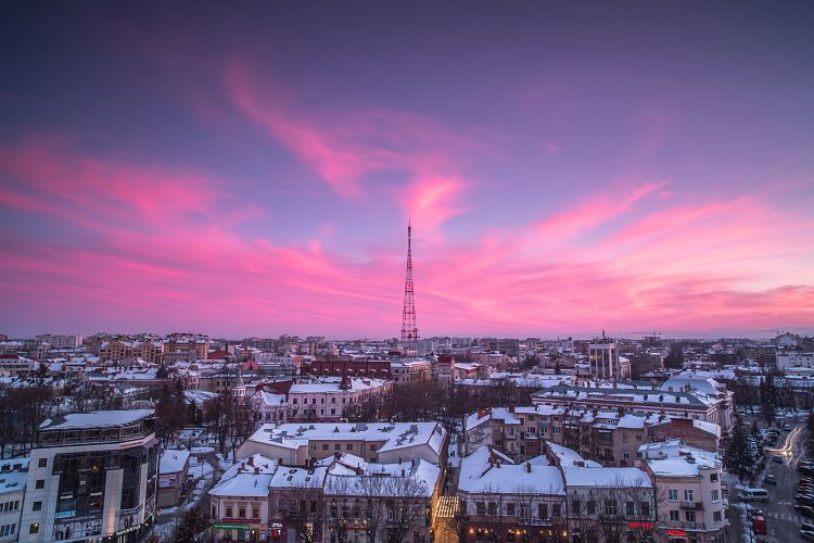 Aerial view sunset in winter town