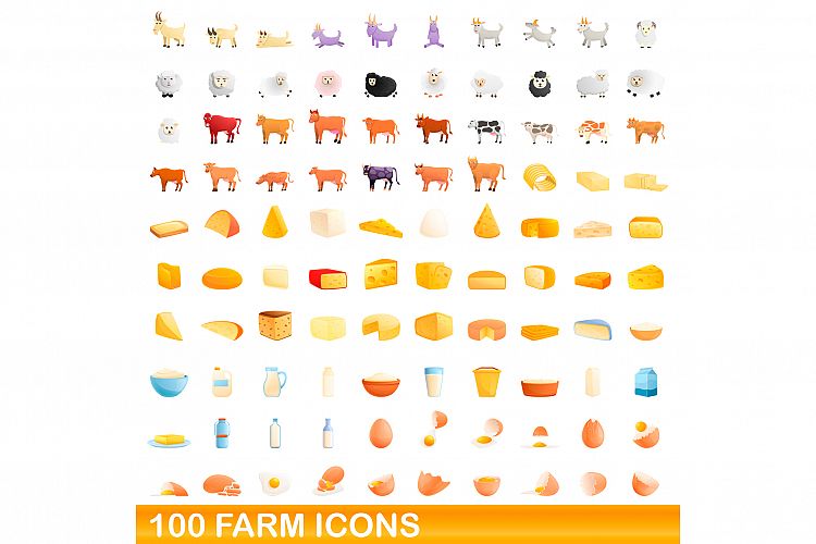 100 farm icons set, cartoon style