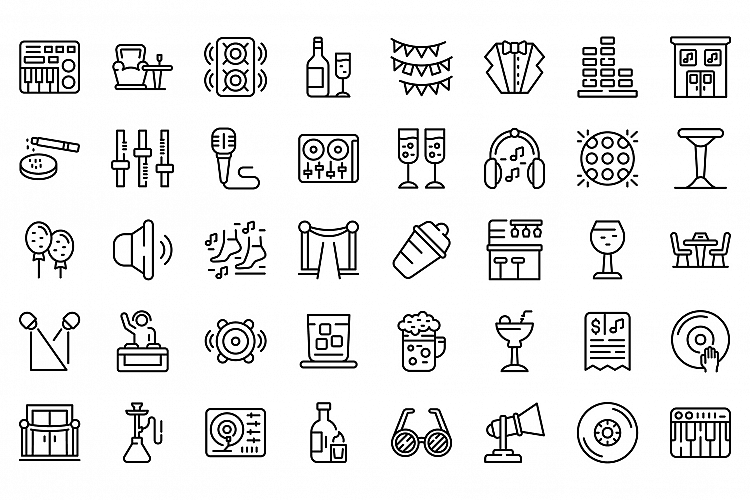 Night club icons set, outline style