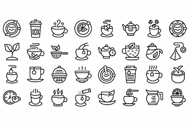 Tea icons set, outline style