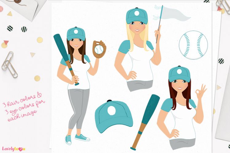 Woman baseball character clip art (L279 Zara)