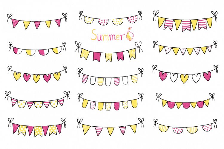 Yellow purple hand drawn buntings clipart, Summer banner party flags clip art