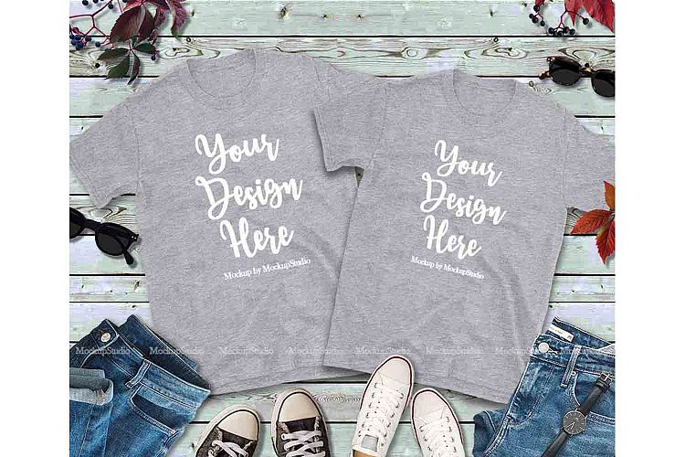 Download Matching Couples Gray T-Shirts Mockup, Two Shirts Mock Up (211796) | Mock Ups | Design Bundles