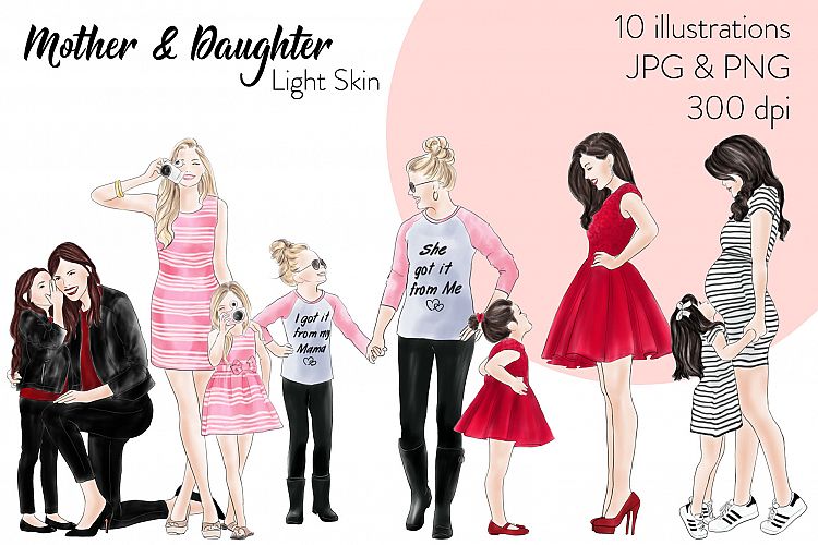 Fashion illustration clipart - Mother & Daughter - Light Skin