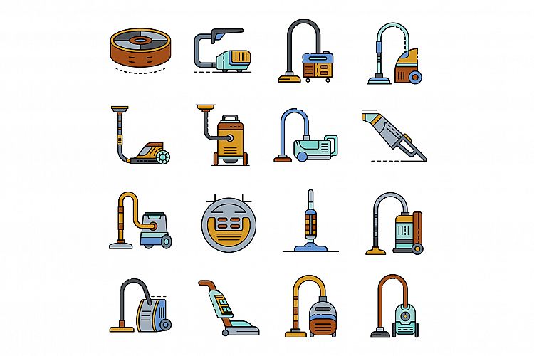 Vacuum cleaner icons set line color vector example image 1