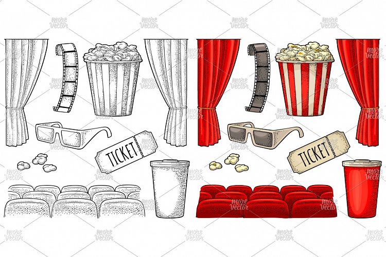 Cinema set. Vector engraving vintage color