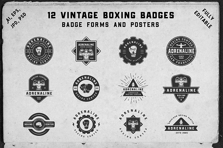 12 vintage boxing badges and forms