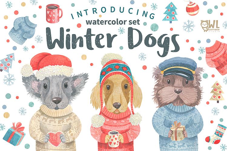 Winter Dogs Watercolor Clipart Collection