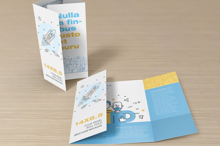 14 X 8.5 Four Panel Roll Fold Brochure Mockup