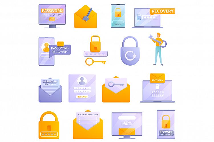 Password recovery icons set, cartoon style example image 1