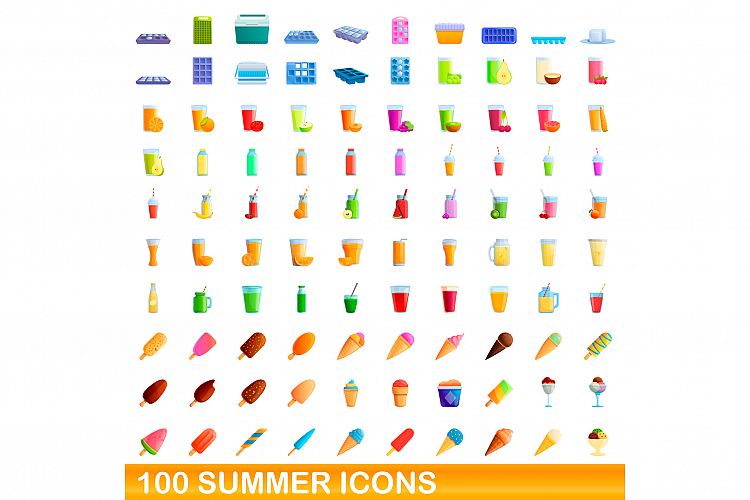 100 summer icons set, cartoon style example image 1