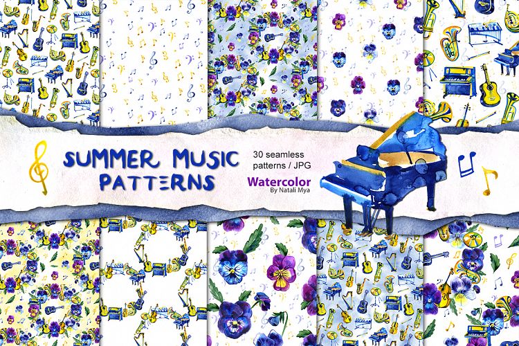 Watercolor summer musical patterns
