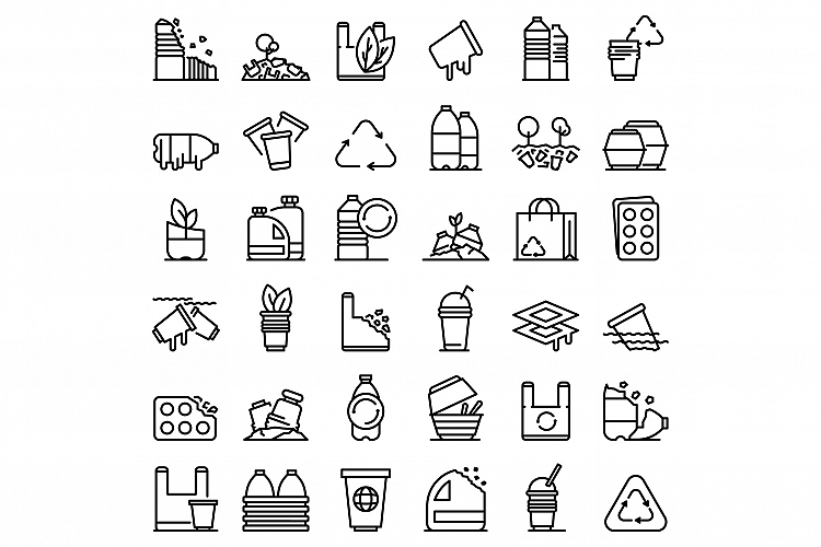 Biodegradable plastic icons set, outline style