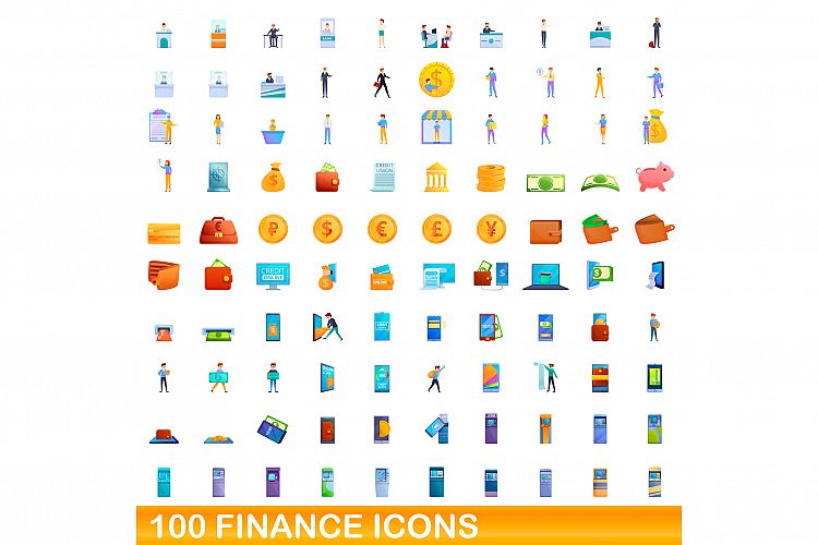 100 finance icons set, cartoon style example image 1