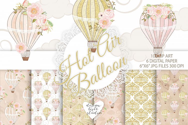 Watercolor Hot Air balloon flowers gold digital paper