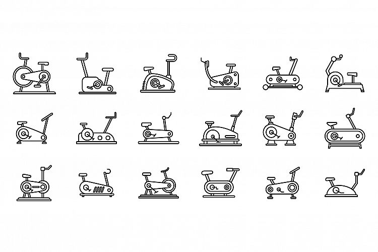 Modern exercise bike icons set, outline style example image 1