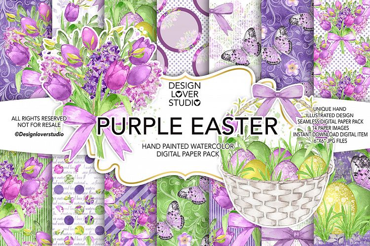 Watercolor PURPLE EASTER digital paper pack