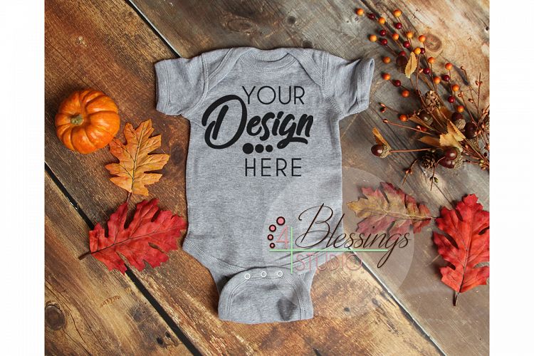 Baby Shirt Mockup Heather Gray Onesie bodysuit Fall Flat Lay