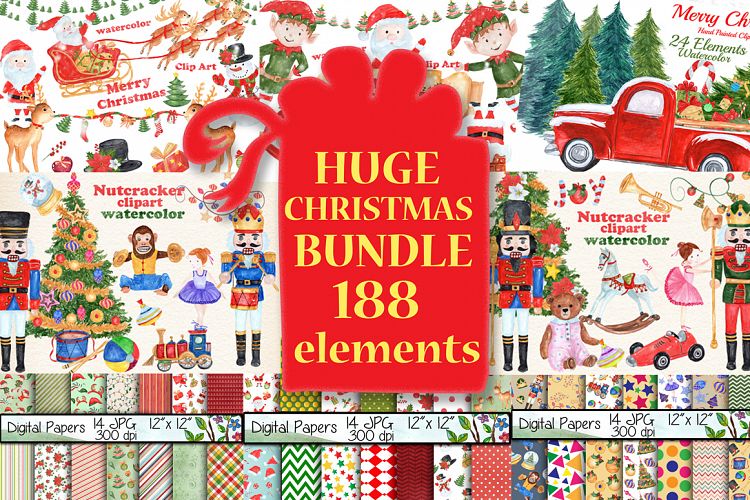 Bundle Watercolor Christmas Kids Clipart