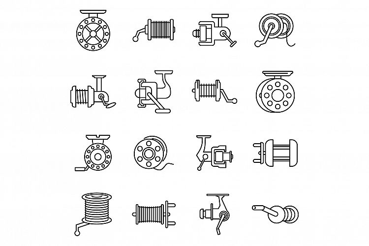 Sport fishing reel icons set, outline style example image 1