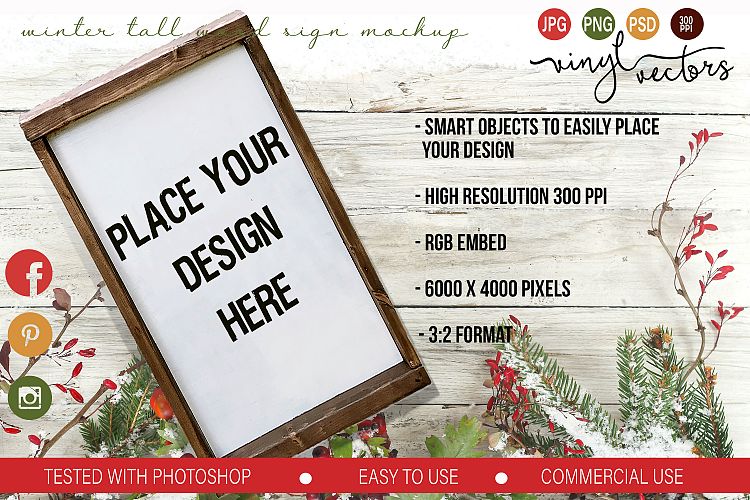 Winter Wood Sign Tall Mock up PSD JPG PNG