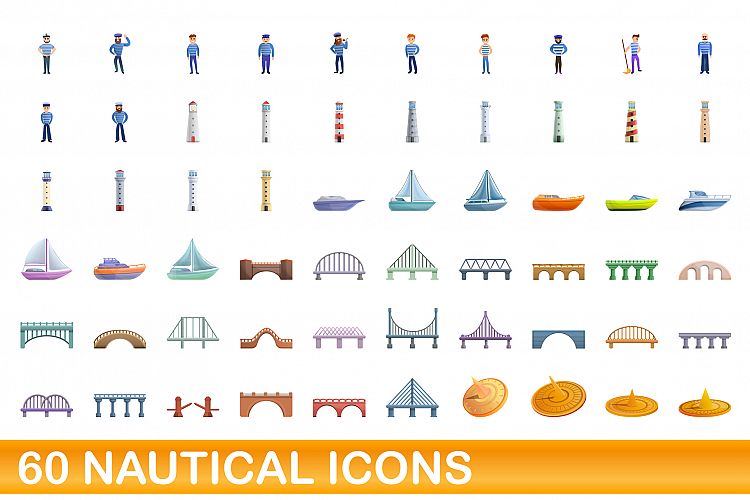 60 nautical icons set, cartoon style example image 1