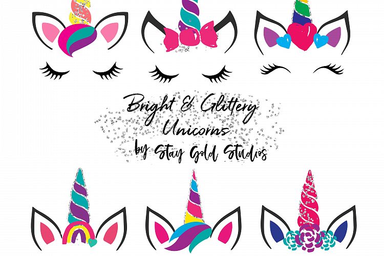 Bright & Glittery Unicorn Faces Clipart