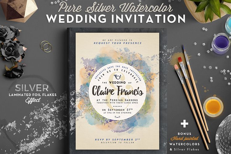 Pure Silver Watercolor Wedding Card