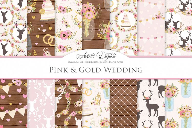 Pink and Gold Wedding Digital Paper - Gold and Pink Rustic Wedding Deer Seamless Patterns