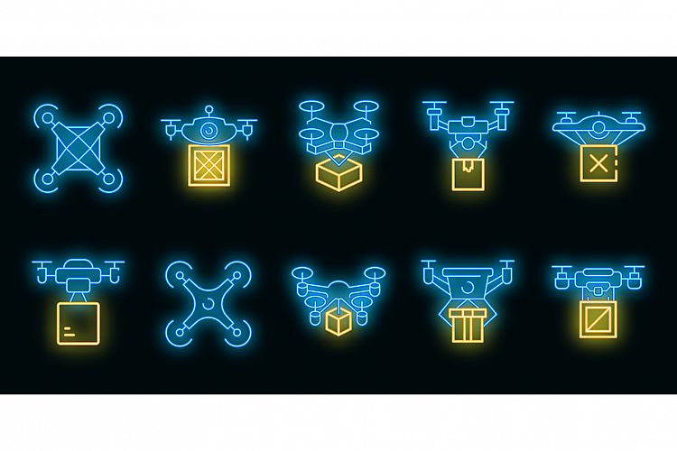 Drone delivery service icons set vector neon example image 1