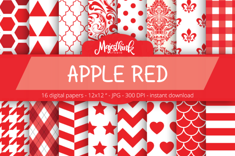 Apple Red Digital Paper - with polkadot, stripe, chevron, quatrefoil, floral, damask, hexagon, triangle red pattern for Scrapbooking