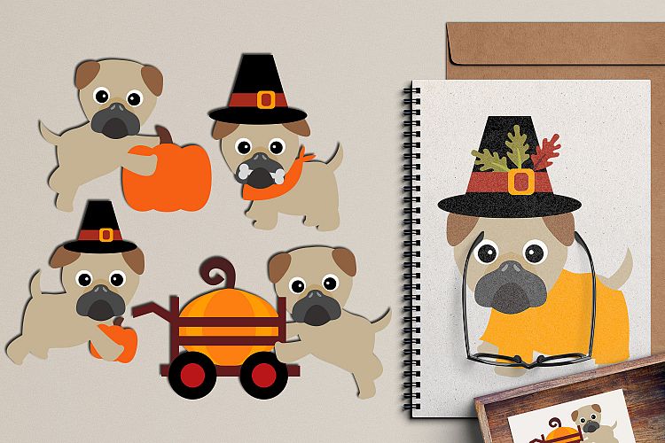 Thanksgiving Pugs clipart graphic, cute pug dog pet clip art