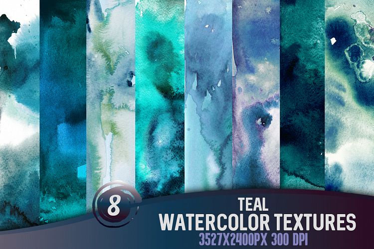 8 Teal watercolor textures, HQ 3527x2400px 300 DPI JPG