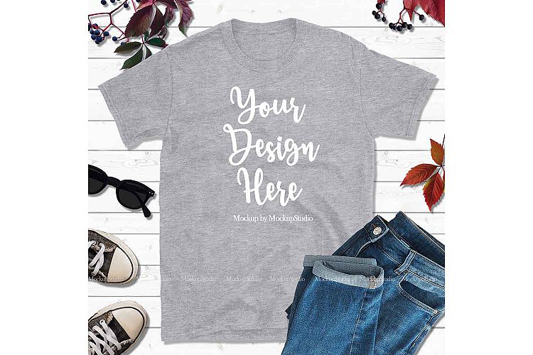 Autumn Fall Heather Gray Gildan Tshirt Mock Up Flat Lay Tee
