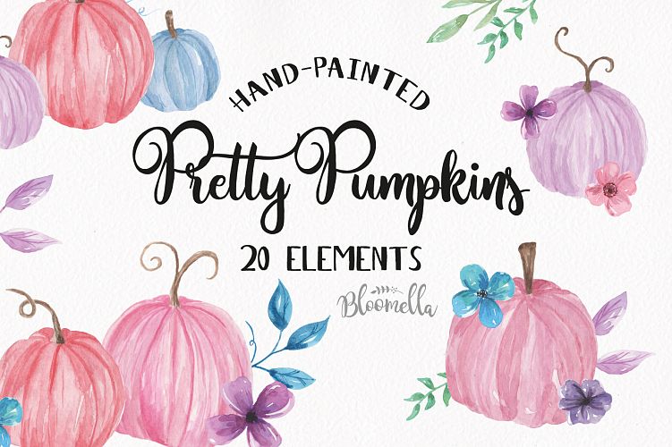 Pumpkins Pink Blue Pastel Floral Clipart Elements Flowers