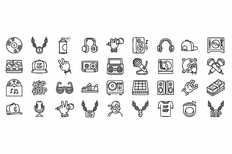 Hiphop icons set, outline style