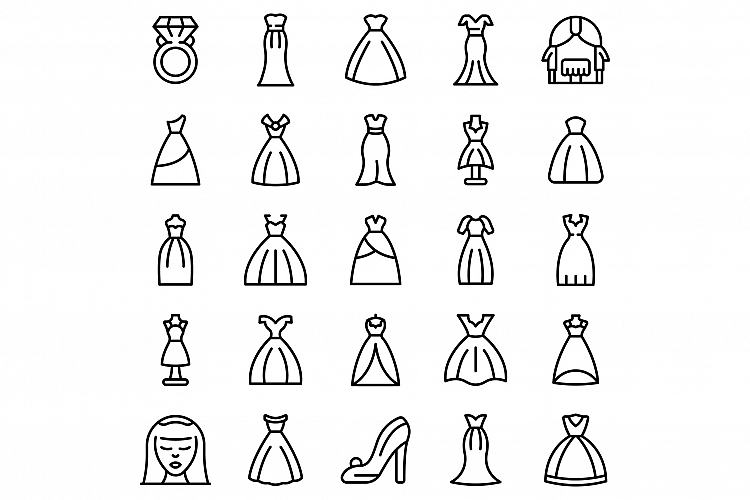 Wedding dress icons set, outline style