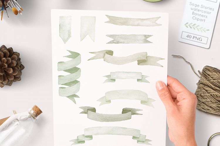 watercolor ribbons and banner clipart sage green graphics