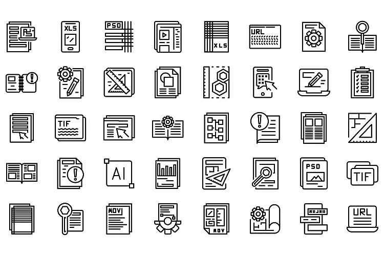 Technical document icons set, outline style