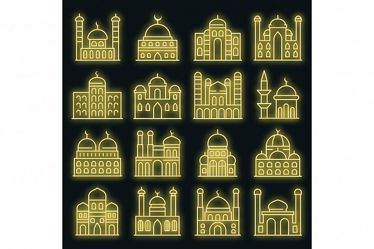 Mosque icons set vector neon