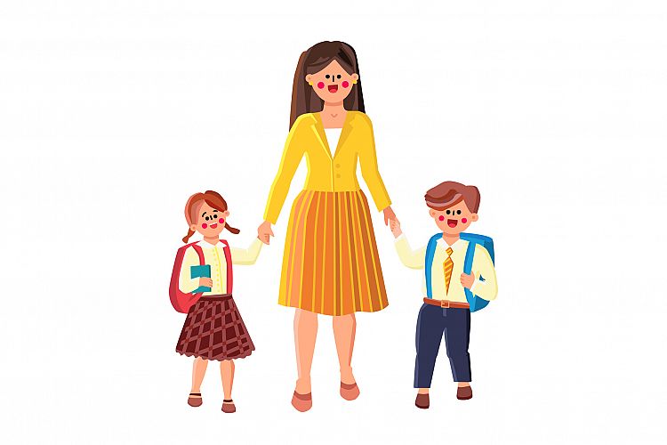 Go To School, Woman Lead Pupil Boy And Girl Vector example image 1