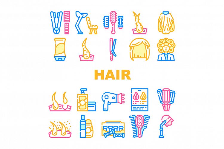 Healthy Hair Treatment Collection Icons Set Vector