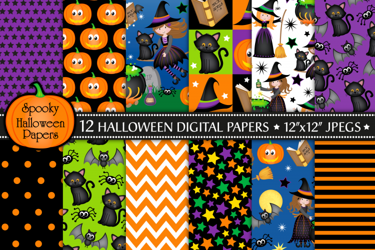 Halloween digital papers, Halloween patterns, Witch, Cat