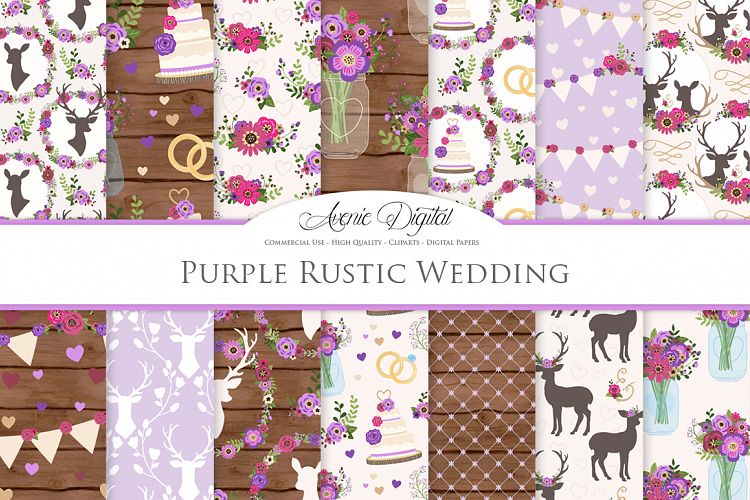 Purple Wedding Digital Paper - Purple Rustic Wedding Deer Seamless Patterns