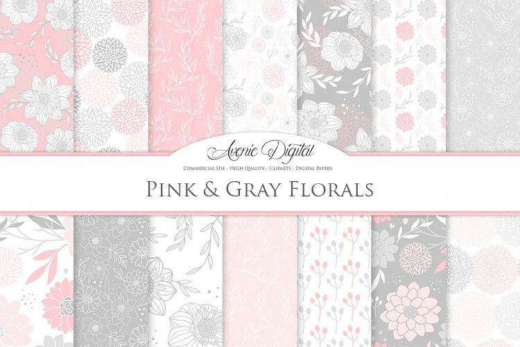 Pink and Gray Floral Vector Patterns - Light Pink Flower Seamless Digital Papers