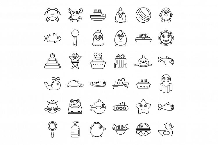 Modern bath toys icons set, outline style