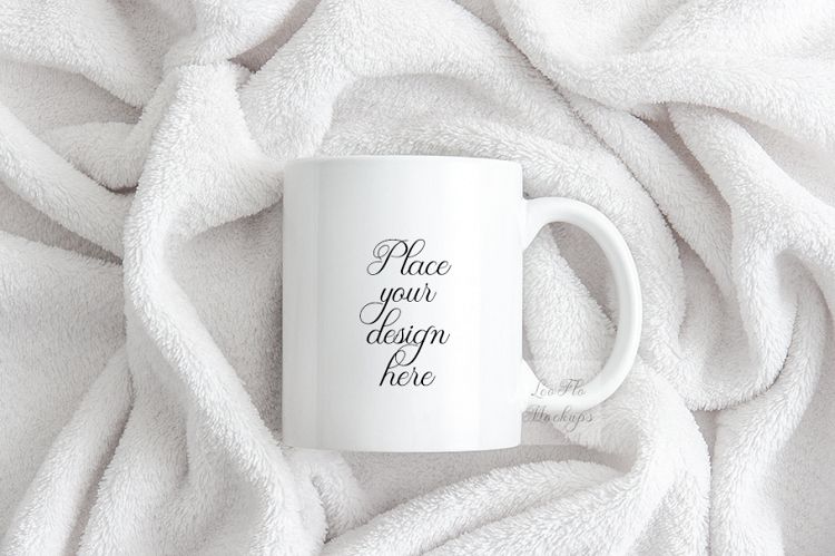 Monochromatic white coffee mug mock up cup template soft image blanket background 