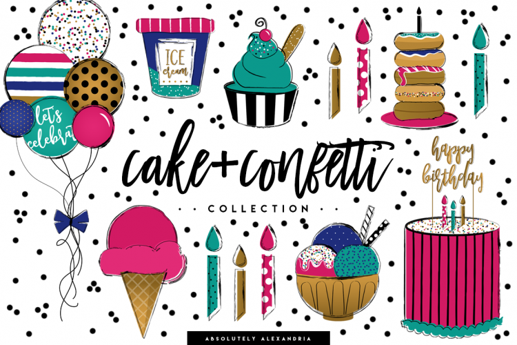 Cake + Confetti Clipart Illustrations & Seamless Digital Paper Patterns Bundle