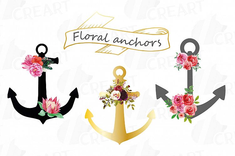 Floral anchor clip art collection, watercolor floral anchor, Nautical anchor Files Vector Illustrator, PNG, EPS, JPG files included