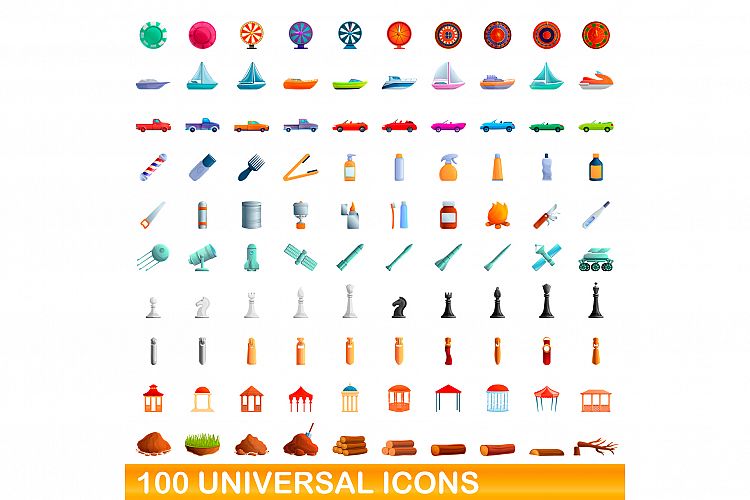 100 universal icons set, cartoon style example image 1